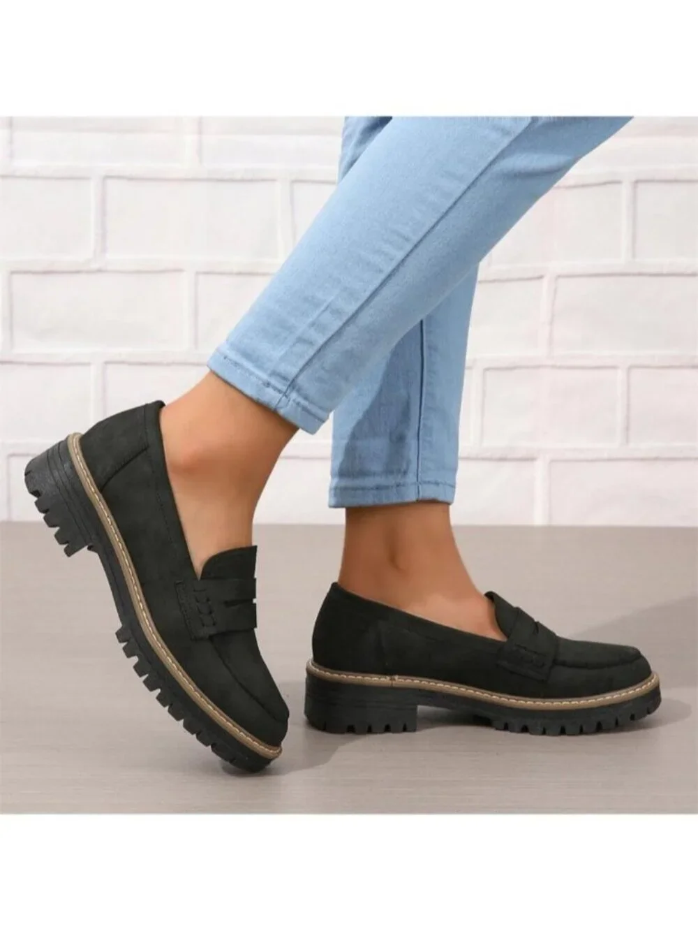 Womens Black Suede Lug Sole Slip On Business Chunky Platform Penny Loafers Shoes